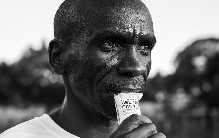 Maurten Athelete Eliud Kipchoge drinking Gel 100 Caf 100
