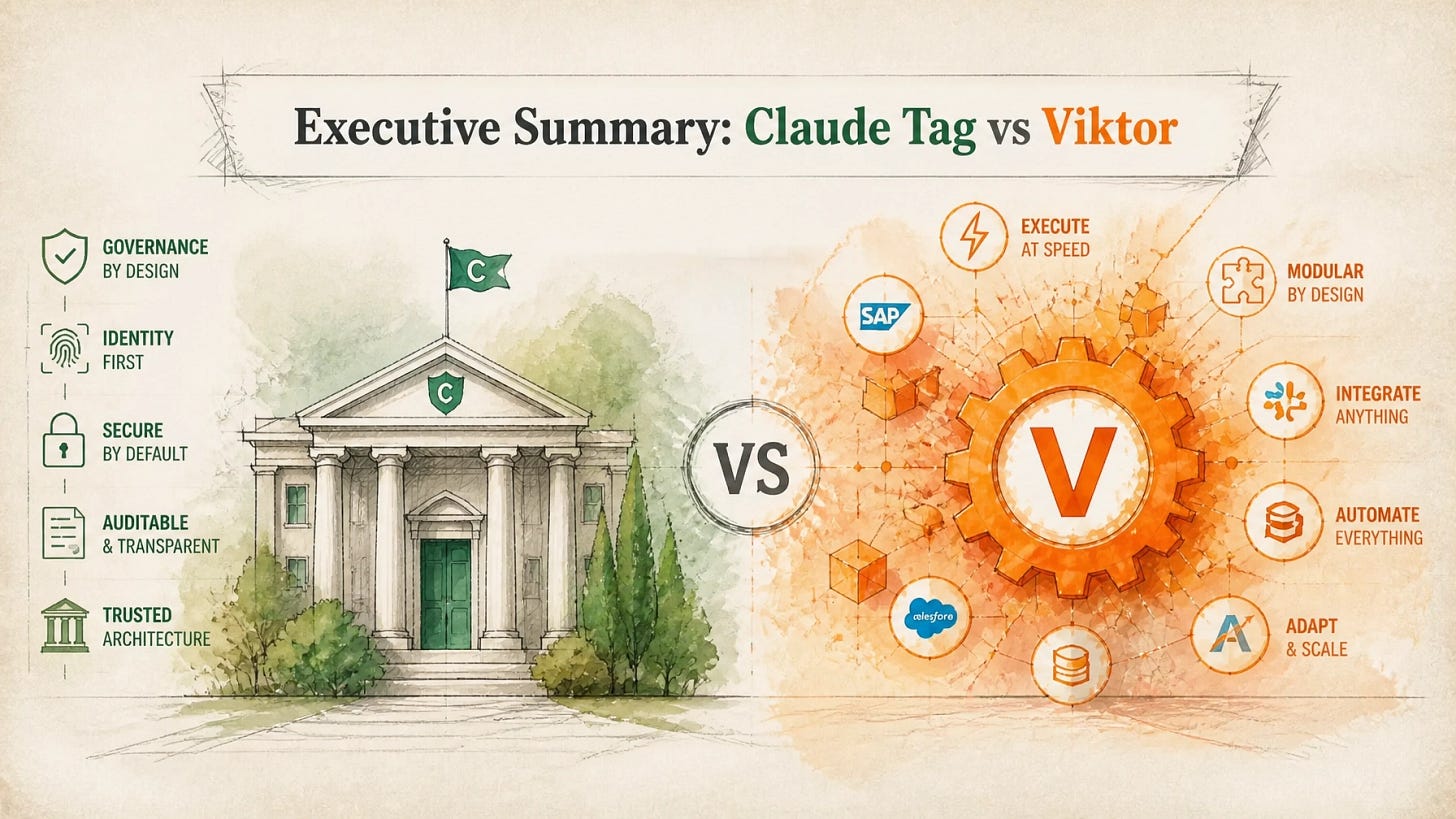 Executive Summary: Claude Tag vs Viktor landscape comparison illustration