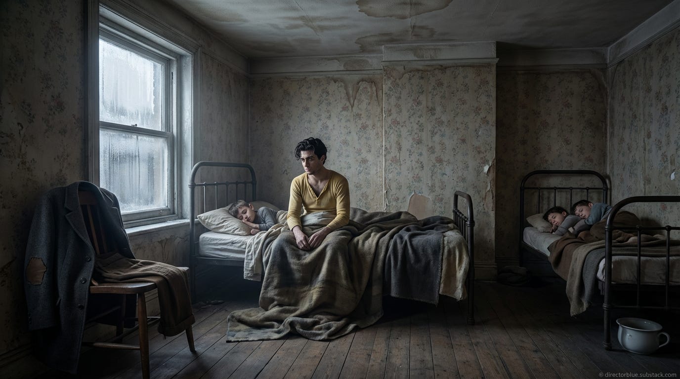IMAGE PROMPTPhotographic 16x9 format hyper-realistic early 20th century interior scene A cramped tenement bedroom at predawn lit by cold gray light from a single frosted window Antonio Tony Russo 19-year-old Italian-American young man with d_image_1