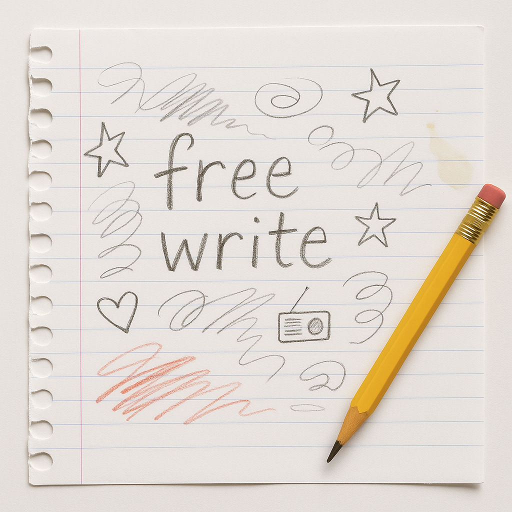 A piece of perforated lined paper with "free write" written on it in pencil along with doodles. A pencil lays on top of the piece of paper.