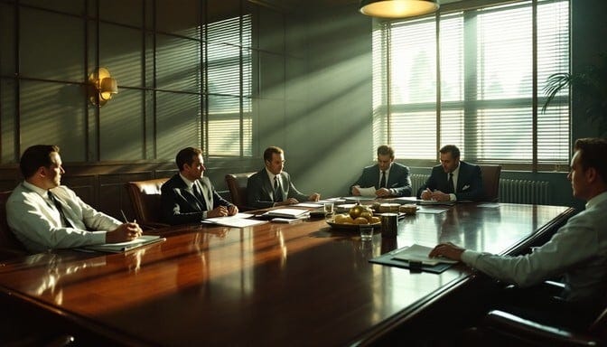 Business executives sitting around a long conference table reviewing documents, representing an investment committee evaluating startup risks.