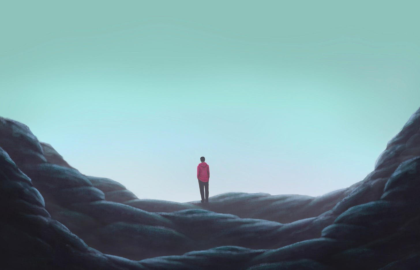 Image of a lone person in a dark valley.