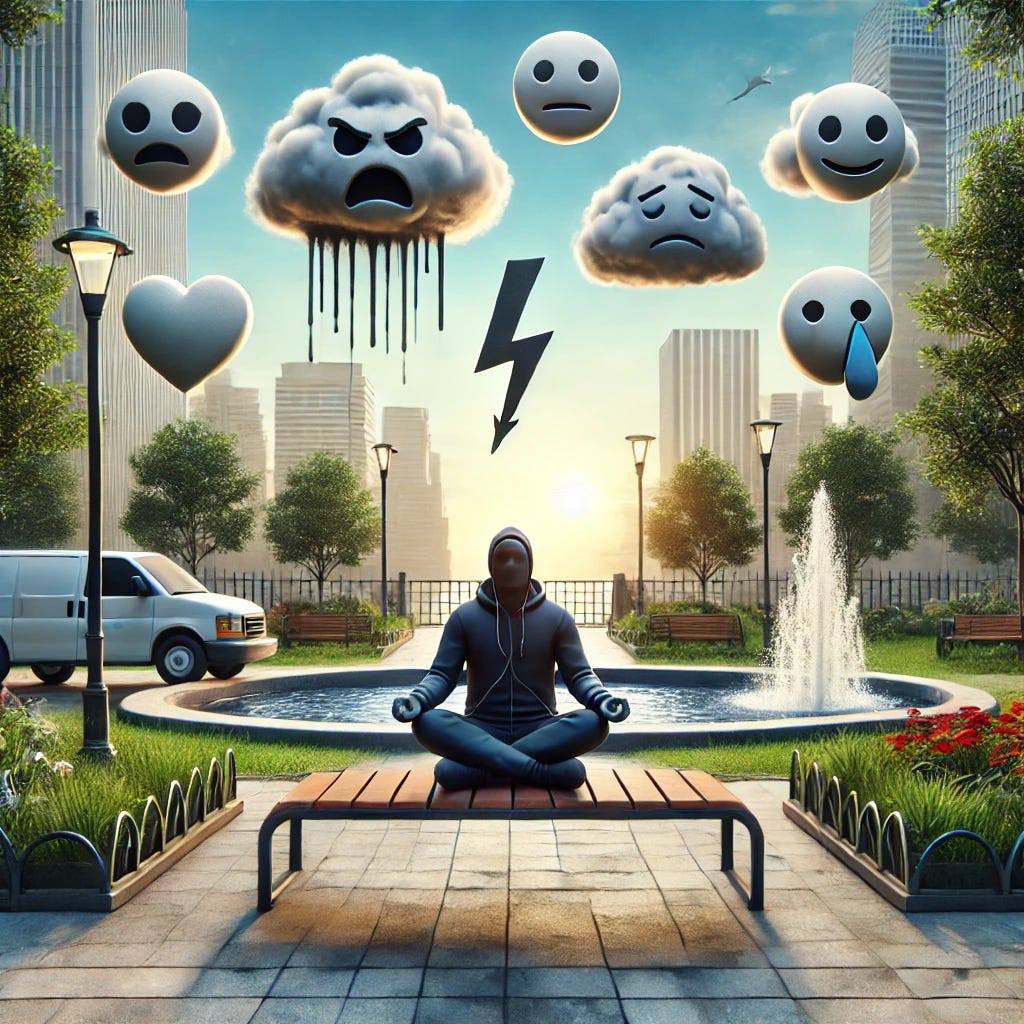 A highly realistic image of a person sitting on a bench in an urban park, meditating calmly. Around them, elements of the environment subtly represent various emotions: a graffiti lightning bolt on a nearby wall for anger, a cloud in the sky for anxiety, a tear in a fountain for sadness, and the sun shining in the distance for happiness. The overall scene should be peaceful, showing the calmness of the person amidst the urban chaos. The style should be hyper-realistic, clean, and detailed. A highly realistic image of a person sitting on a bench in an urban park, meditating calmly. Around them, elements of the environment subtly represent various emotions: a graffiti lightning bolt on a nearby wall for anger, a cloud in the sky for anxiety, a tear in a fountain for sadness, and the sun shining in the distance for happiness. The overall scene should be peaceful, showing the calmness of the person amidst the urban chaos. The style should be hyper-realistic, clean, and detailed.