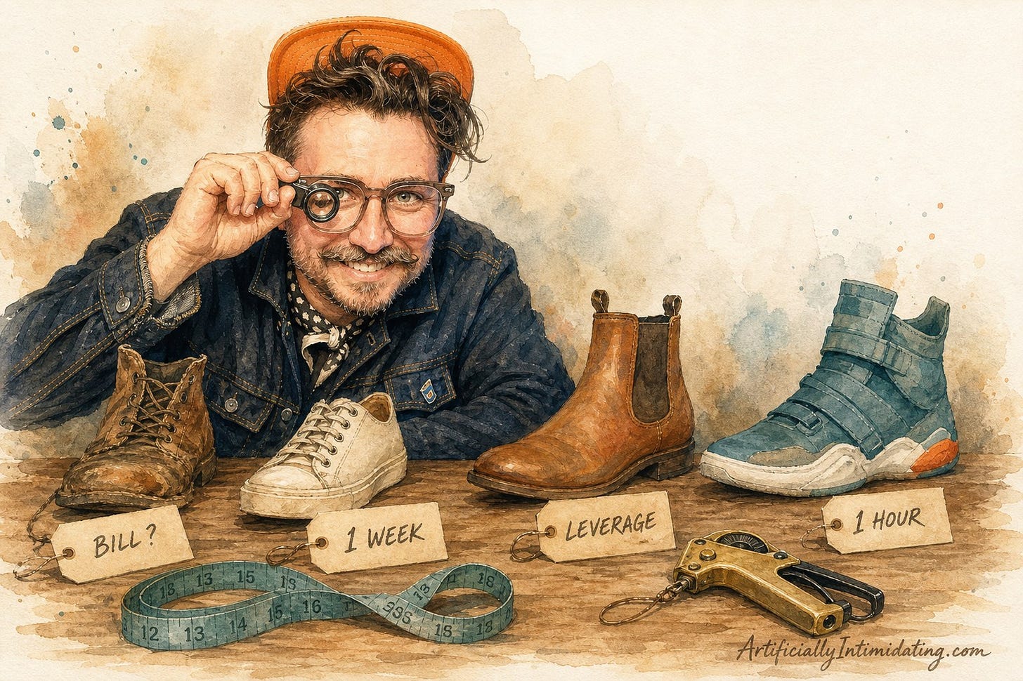 The founder inspects four shoes on a workbench through a magnifying loupe; each shoe wears a paper tag reading one test (Bill?, 1 Week, Leverage, and 1 Hour), beside a teal measuring tape and a brass price-tag gun.