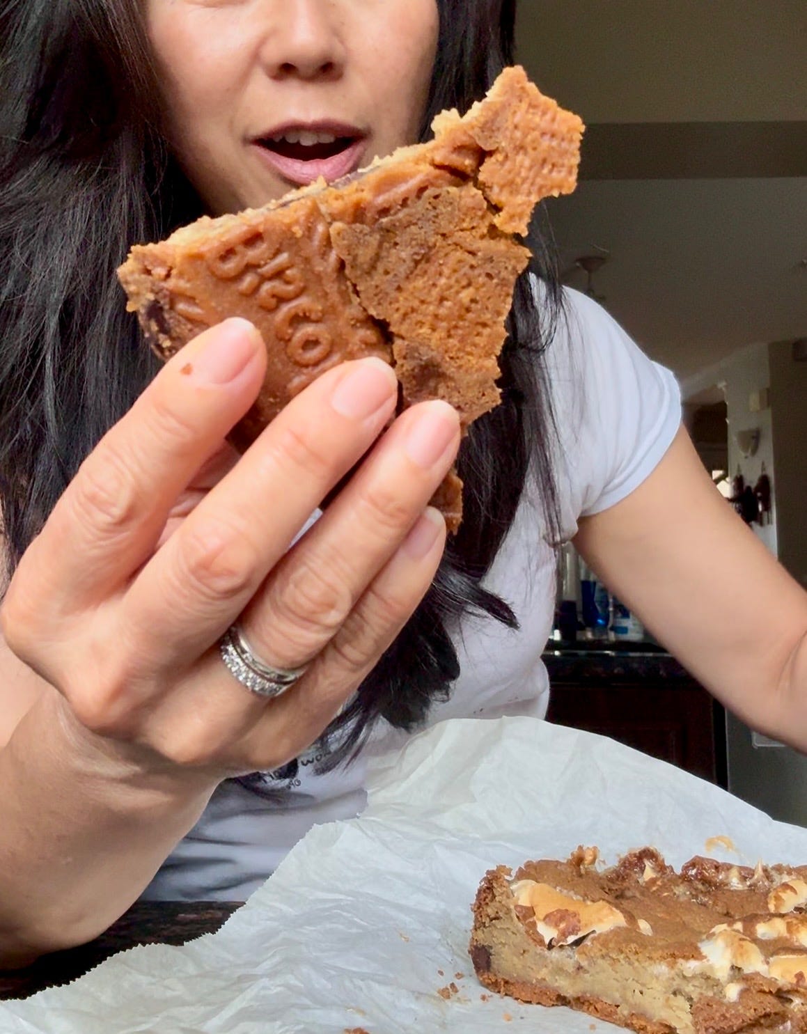 A piece of cooki cake made with Biscof cookies and marshmellows- portion controlled Refeed day dessert.