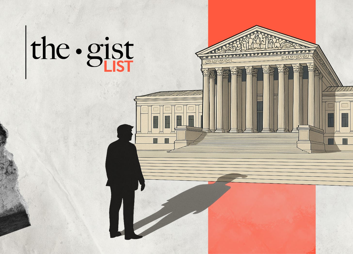 Photo illustration of the U.S. Supreme Court building in sunlight, with a large shadow shaped like Donald Trump cast across the steps—symbolizing his influence over the Court’s decisions.