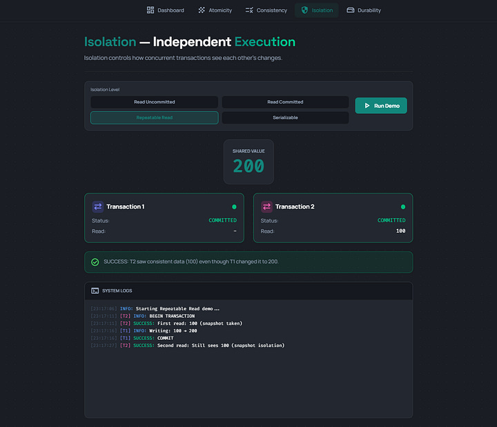 ACID Property - Interactive Simulation Screenshots