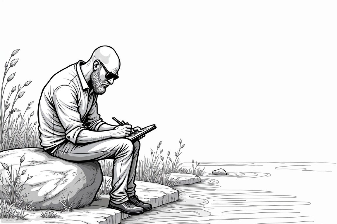 Draw in an anime style: a man sitting on a rock next to a creek, drawing something in a sketchbook on his lap. Render the image in black and white. The man has a shaved head, full beard, and aviator sunglasses. Draw in an anime style: a man sitting on a rock next to a creek, drawing something in a sketchbook on his lap. Render the image in black and white. The man has a shaved head, full beard, and aviator sunglasses.