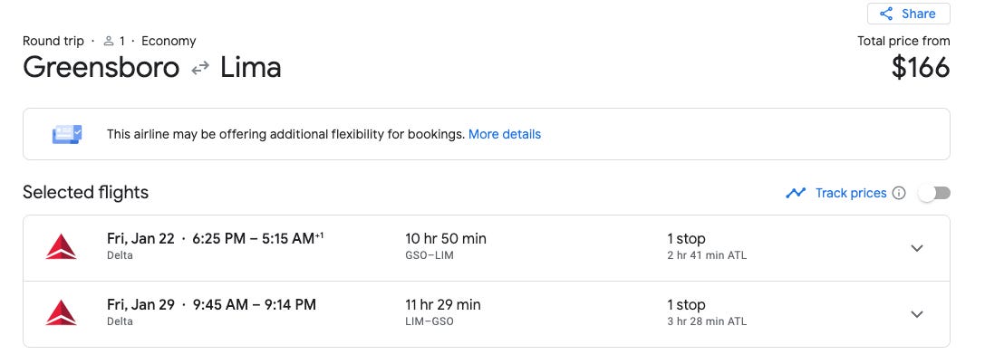 screen shot of cheap flight to Lima Peru for $166 