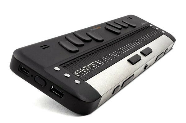image of a brailliant bi 40X refreshable braille display, shot close up at an angle so it looks like a sexy spaceship