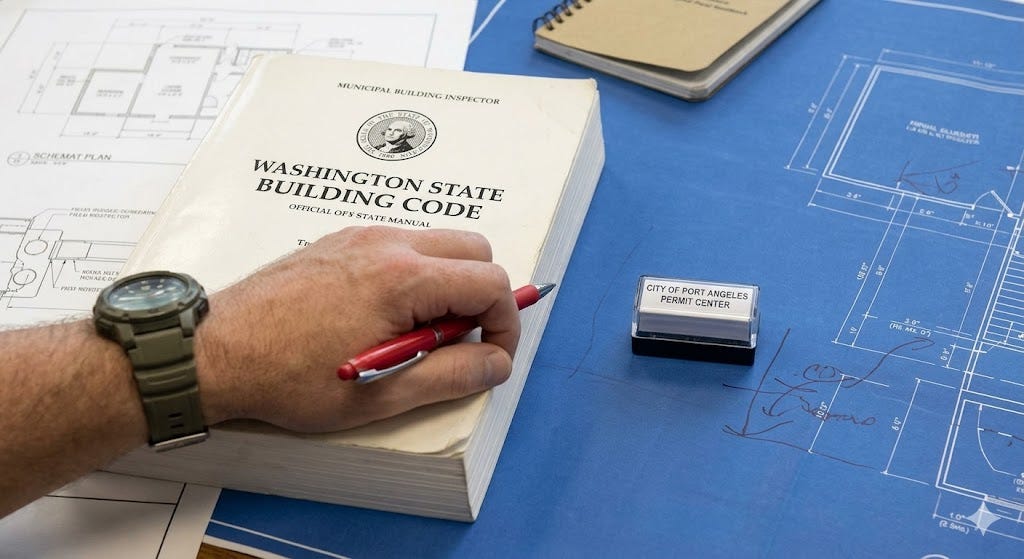 A conceptual, illustrative photograph of a municipal inspector's hand, holding a red pen and wearing a rugged watch. The hand rests on the open volume of a thick book titled 'WASHINGTON STATE BUILDING CODE,' which is placed atop architectural blueprints that have been stamped with a small, clear 'CITY OF PORT ANGELES PERMIT' seal.