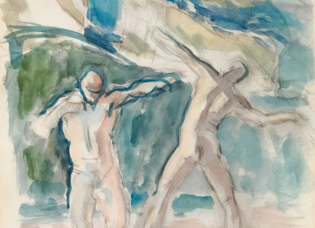 Two male figures in motion against an abstract background Two male figures in motion against an abstract background