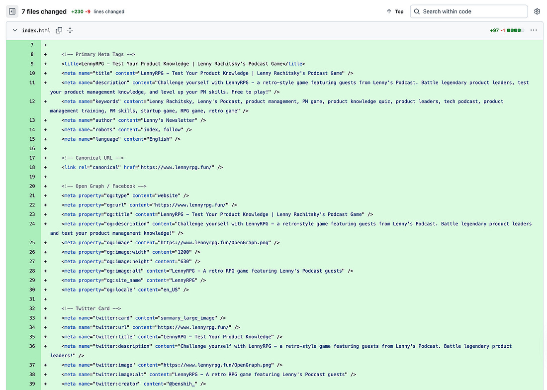 Code editor diff view for index.html in a LennyRPG project showing added HTML meta tags for title, description, keywords, canonical URL, and Open Graph/Twitter card fields promoting ‘LennyRPG — Test Your Product Knowledge | Lenny Rachitsky’s Podcast Game,’ with a note that all tags were added automatically by Claude Code.