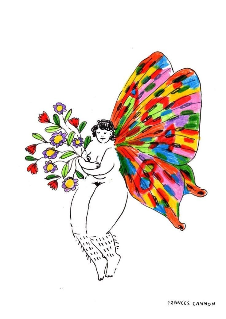 This may contain: a drawing of a woman holding flowers and a butterfly with its wings spread wide open