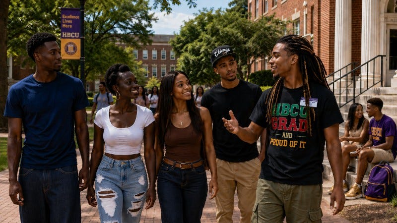 Four college-aged, casually dressed students talk to a tour guide on an HBCU campus.