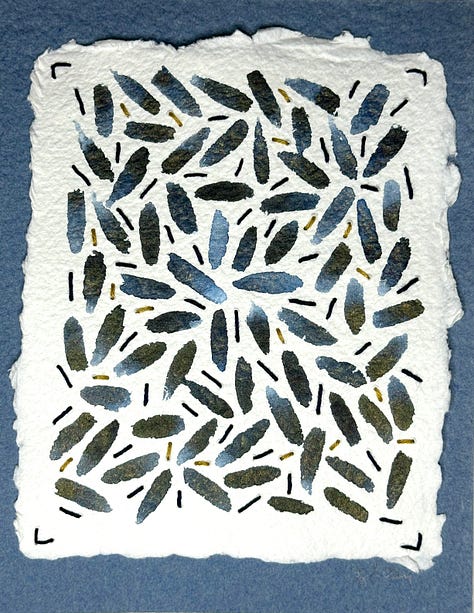 nine abstract paintings made with watercolor on cotton paper with Sashiko thread.