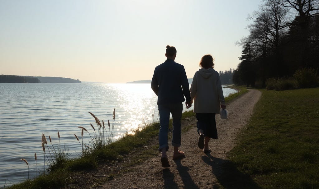 A man and a woman walk side by side along a lakeside path in soft evening light. A man and a woman walk side by side along a lakeside path in soft evening light.