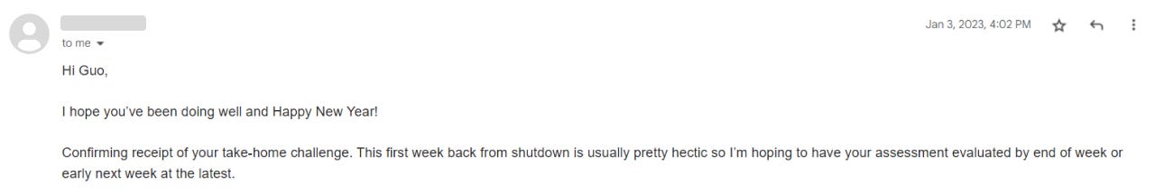 Email from recruiter telling me Happy New Year and updating me on the status