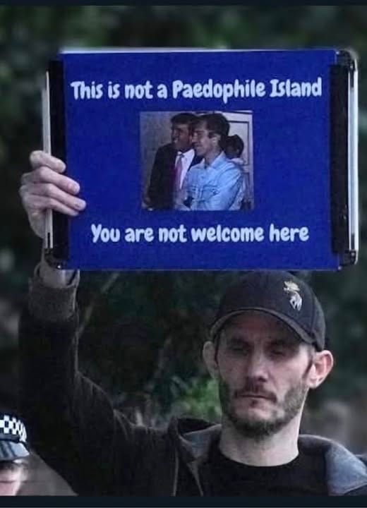May be an image of 3 people and text that says 'This is not a Paedophile Paed Island You are not welcome here'