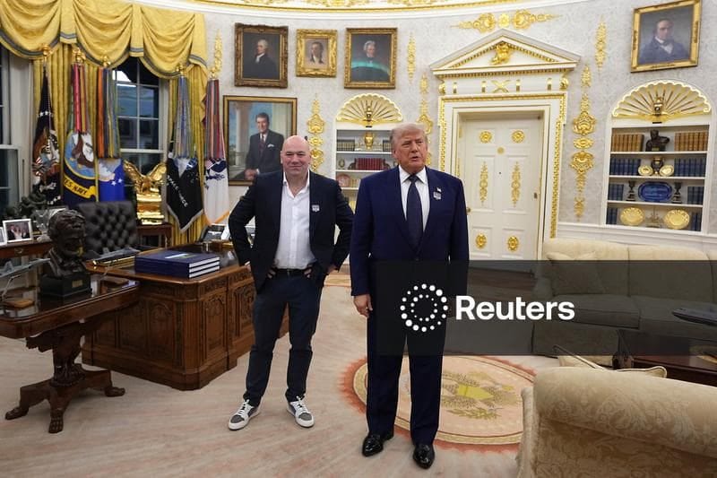 WASHINGTON, DC - JUNE 14: U.S. President Donald Trump and UFC President and CEO Dana White walk out of the Oval Office during UFC Freedom 250 on the South Lawn of the White House on June 14, 2026 in Washington, DC. President Trump is hosting a series of Ultimate Fighting Championship matches on his 80th birthday, which the White House is calling "a once-in-a-generation celebration of the American fighting spirit.” Al Drago/Pool via REUTERS WASHINGTON, DC - JUNE 14: U.S. President Donald Trump and UFC President and CEO Dana White walk out of the Oval Office during UFC Freedom 250 on the South Lawn of the White House on June 14, 2026 in Washington, DC. President Trump is hosting a series of Ultimate Fighting Championship matches on his 80th birthday, which the White House is calling "a once-in-a-generation celebration of the American fighting spirit.” Al Drago/Pool via REUTERS