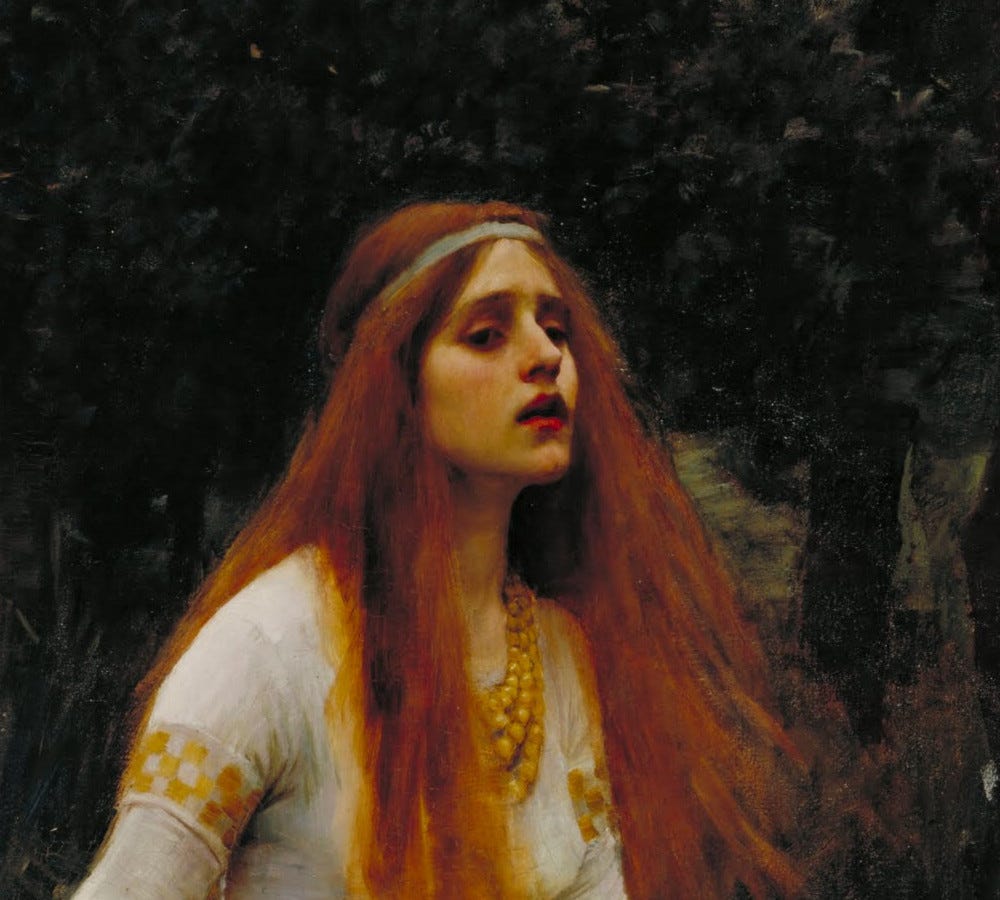 Detail of The Lady of Shalott by Waterhouse: the Lady's pale face, lips parted, long red hair