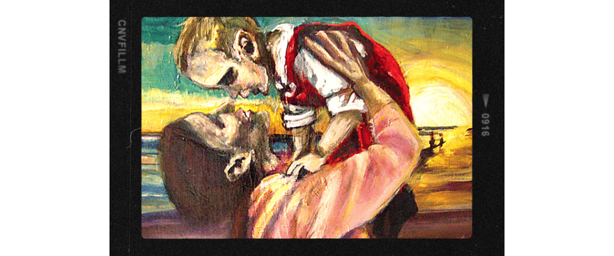 Painting by Sonia Cook-Broen of a woman holding a child in a playful way, the beach and sunset are in the background.