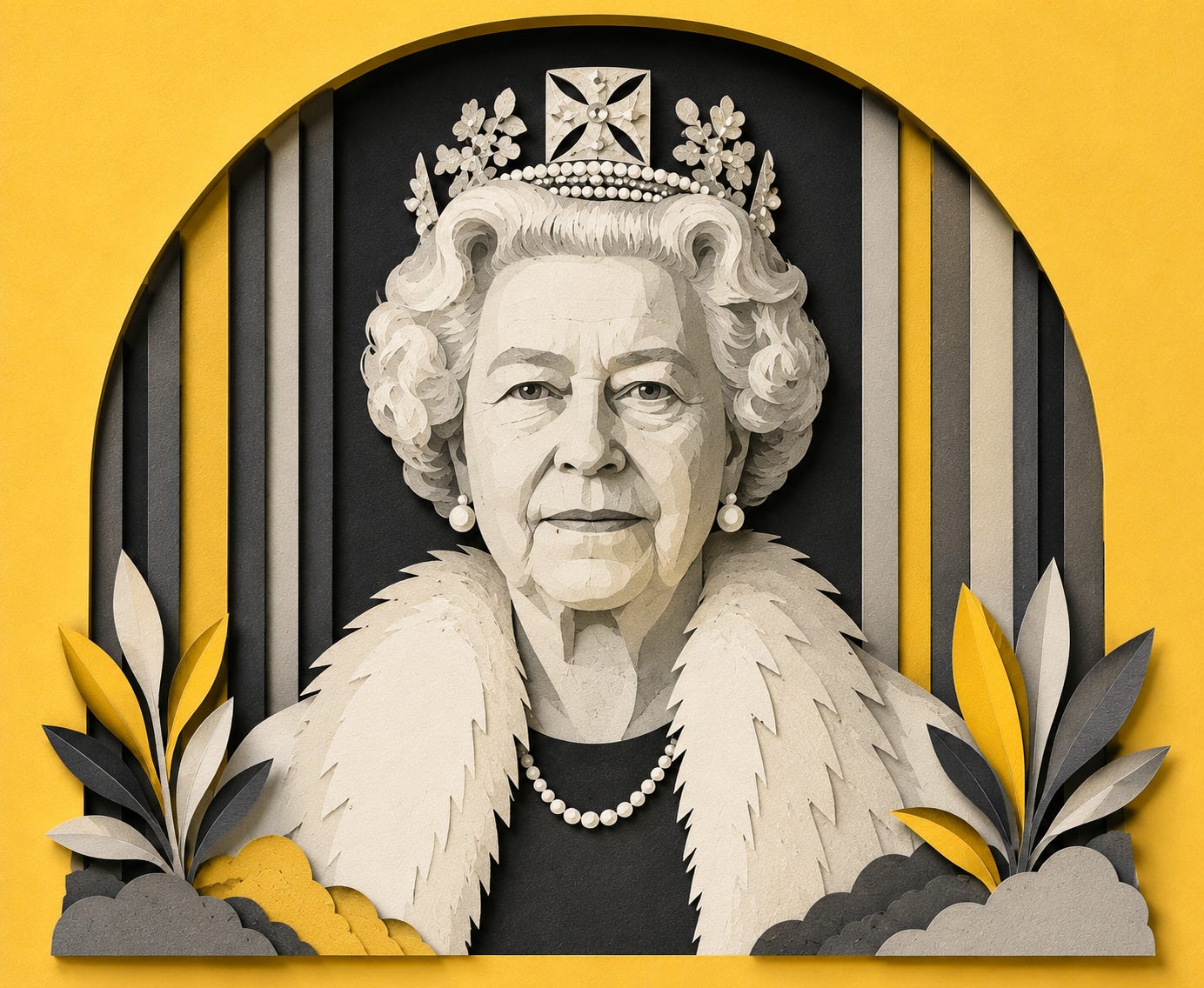 A modern paper cut illustration reimagining Queen Elizabeth II through a bold yellow and grayscale palette, blending royal history with contemporary editorial design. The layered textures, shadowed details and sculpted forms create a timeless portrait that feels both historic and strikingly modern. A modern paper cut illustration reimagining Queen Elizabeth II through a bold yellow and grayscale palette, blending royal history with contemporary editorial design. The layered textures, shadowed details and sculpted forms create a timeless portrait that feels both historic and strikingly modern.