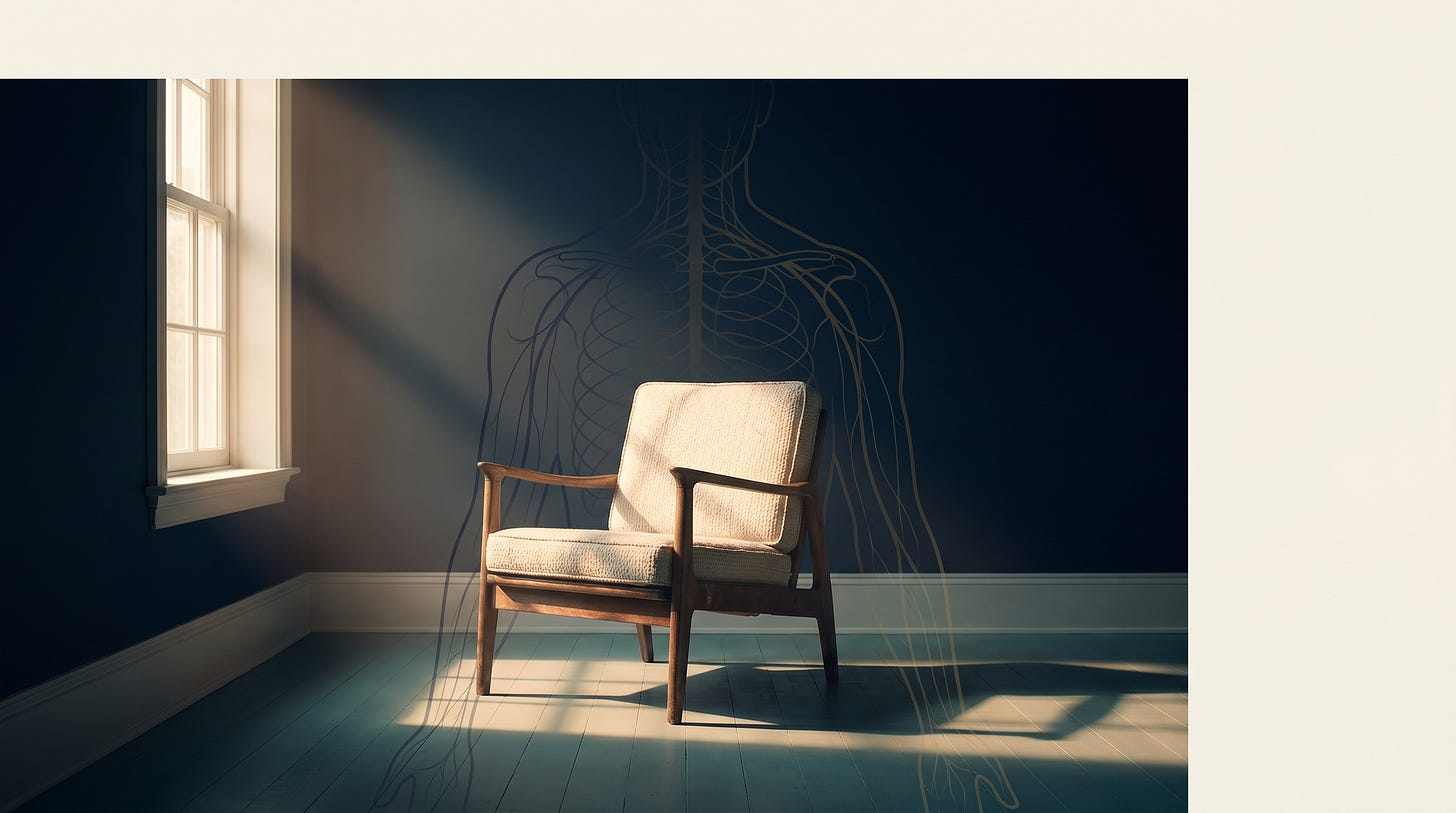 An empty chair bathed in soft golden light with faint translucent lines suggesting a braced nervous system hovering where a person should be sitting, evoking the paradox of exhaustion and the fear of stillness.