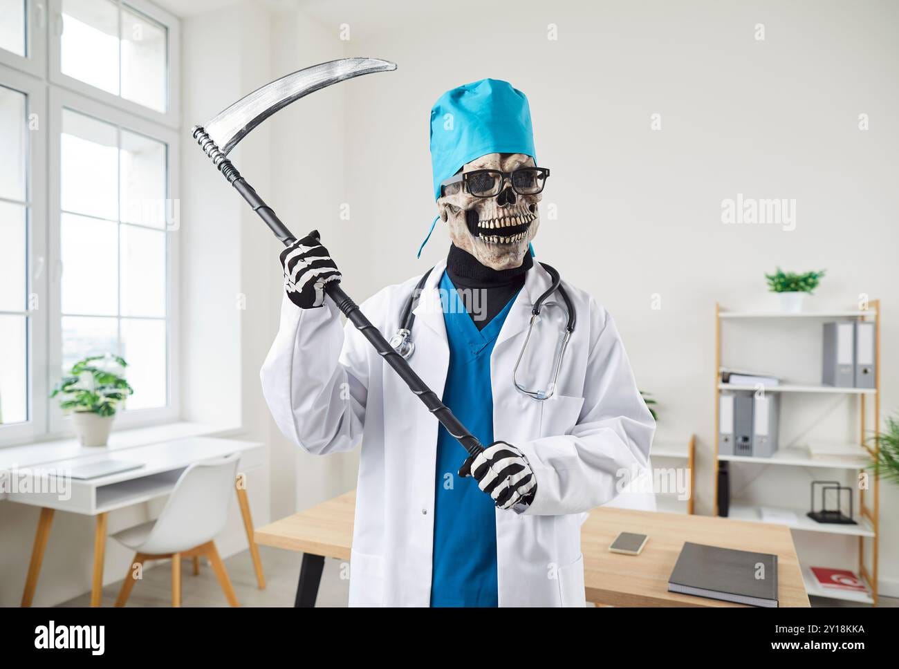 Portrait Of Grim Reaper Dressed As Doctor Or Nurse In Hospital Office Stock  Photo - Alamy