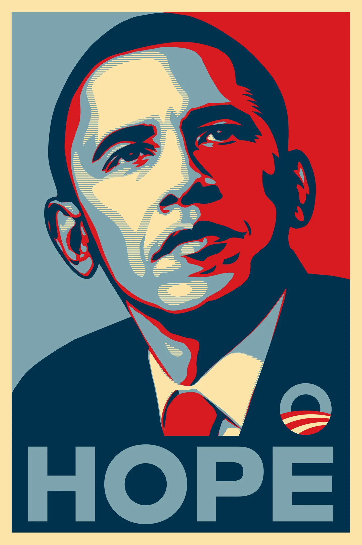 Shepard Fairey's iconic 'Hope' poster featuring a stylized portrait of Barack Obama in red, blue, and beige tones, with the word 'HOPE' boldly displayed at the bottom Shepard Fairey's iconic 'Hope' poster featuring a stylized portrait of Barack Obama in red, blue, and beige tones, with the word 'HOPE' boldly displayed at the bottom