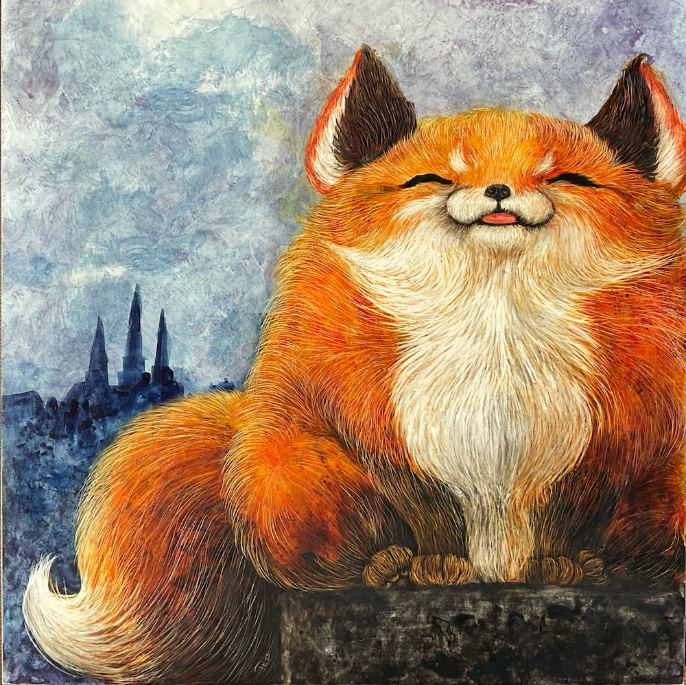 Scratchboard art of a chubby red fox