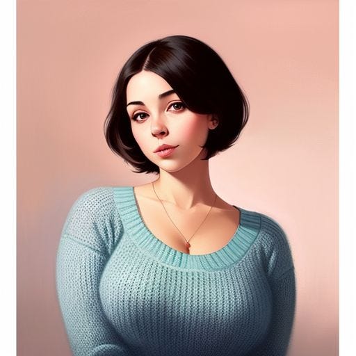 Young woman in a sweater looking innocent despite her buxom body. Monocolor pink background. Brunette bob.