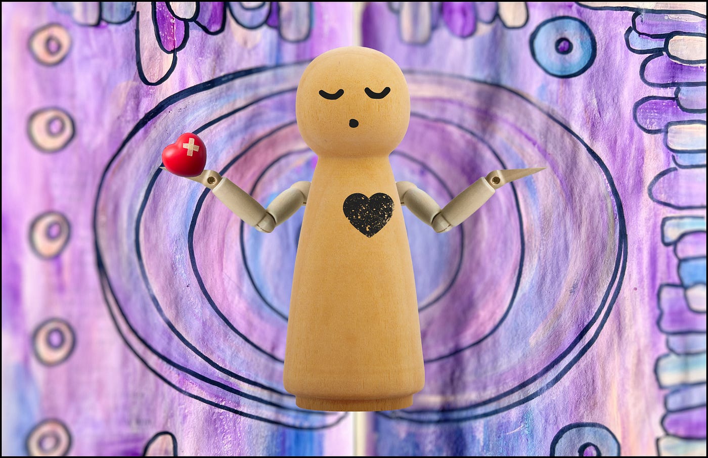 A tiny figure proffering her heart against a purple backdrop