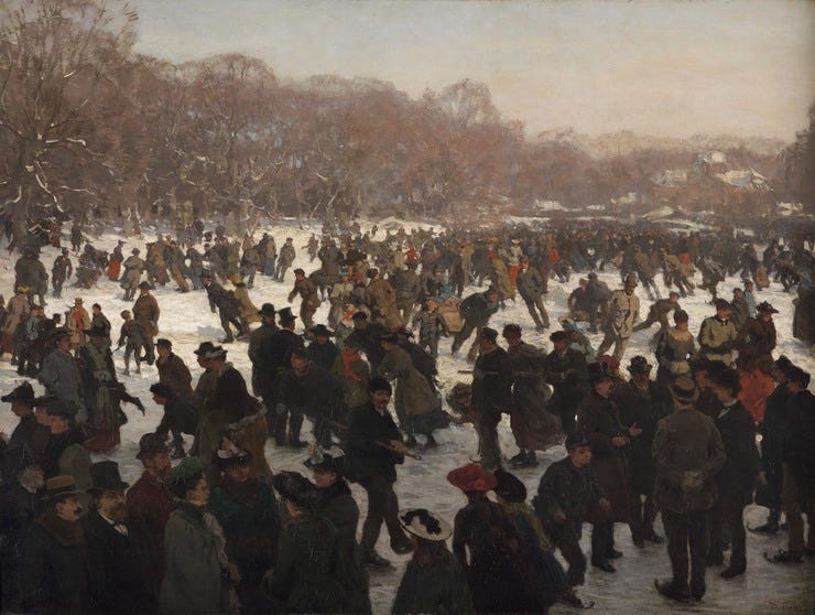 'Schaatsenrijders in het Haagse Bos' 1891 - olieverf op doek: Willem Bastiaan Tholen (herkomst: coll. Haagse Gemeentemuseum) 'Schaatsenrijders in het Haagse Bos' 1891 - olieverf op doek: Willem Bastiaan Tholen (herkomst: coll. Haagse Gemeentemuseum)