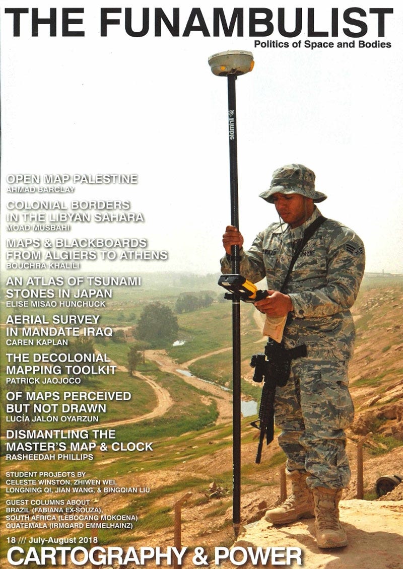 Couverture du numéro de The Funambulist intitulé Cartography and Power. On y voit un soldat qui prend des mesures à l'aide de différents instruments, devant un paysage montagneux.