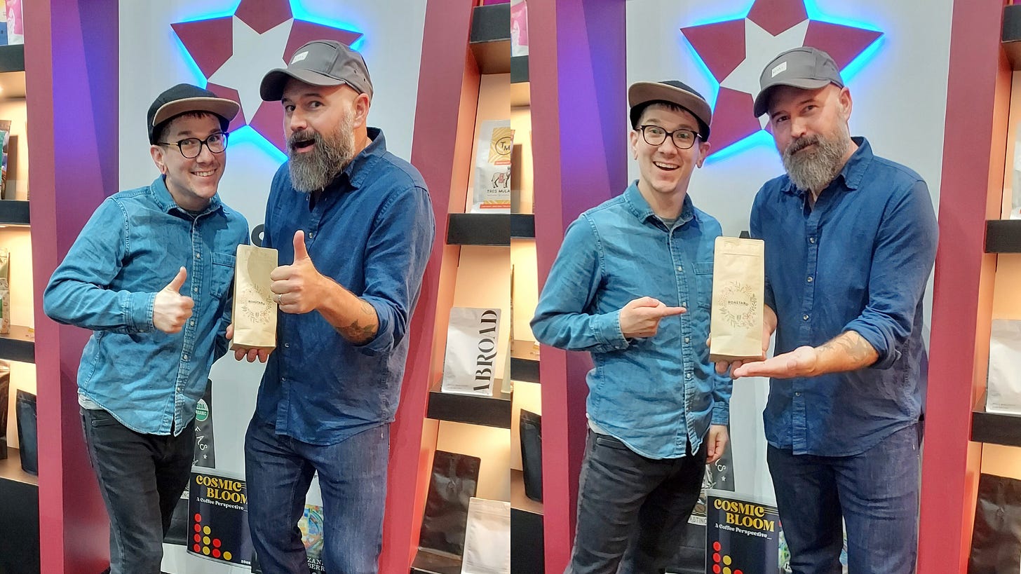 Two side by side images of two guys in blue button downs and ball caps smiling at the camera and pointing a bag of coffee and/or giving a thumbs up toward the camera while standing in front of a convention booth wall covered in coffee packaging and the logo for Roastar. Two side by side images of two guys in blue button downs and ball caps smiling at the camera and pointing a bag of coffee and/or giving a thumbs up toward the camera while standing in front of a convention booth wall covered in coffee packaging and the logo for Roastar.