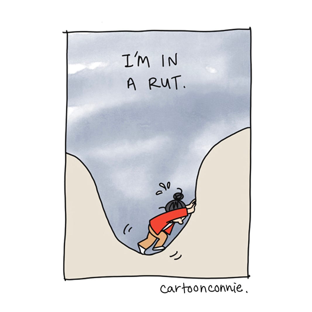 Excerpt from a 4-panel comic strip about the ups and downs of life and trying to get out of a rut. Titled "A Part of Doing Hard Things," by Connie Sun, cartoonconnie, 2025.