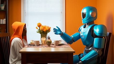 A robot casually chats with a human being