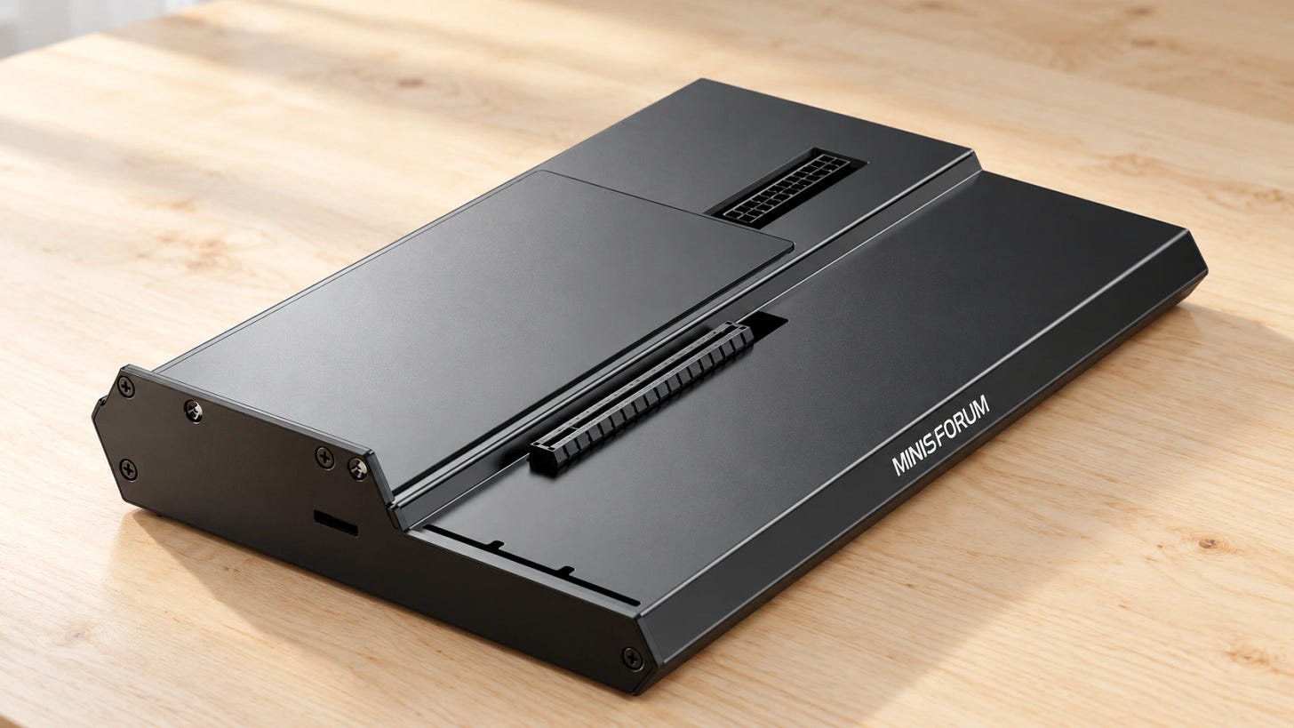 MINISFORUM DEG1 bare OCuLink eGPU dock on a workbench, showing the PCIe slot and power connector for a local AI GPU setup. MINISFORUM DEG1 bare OCuLink eGPU dock on a workbench, showing the PCIe slot and power connector for a local AI GPU setup.
