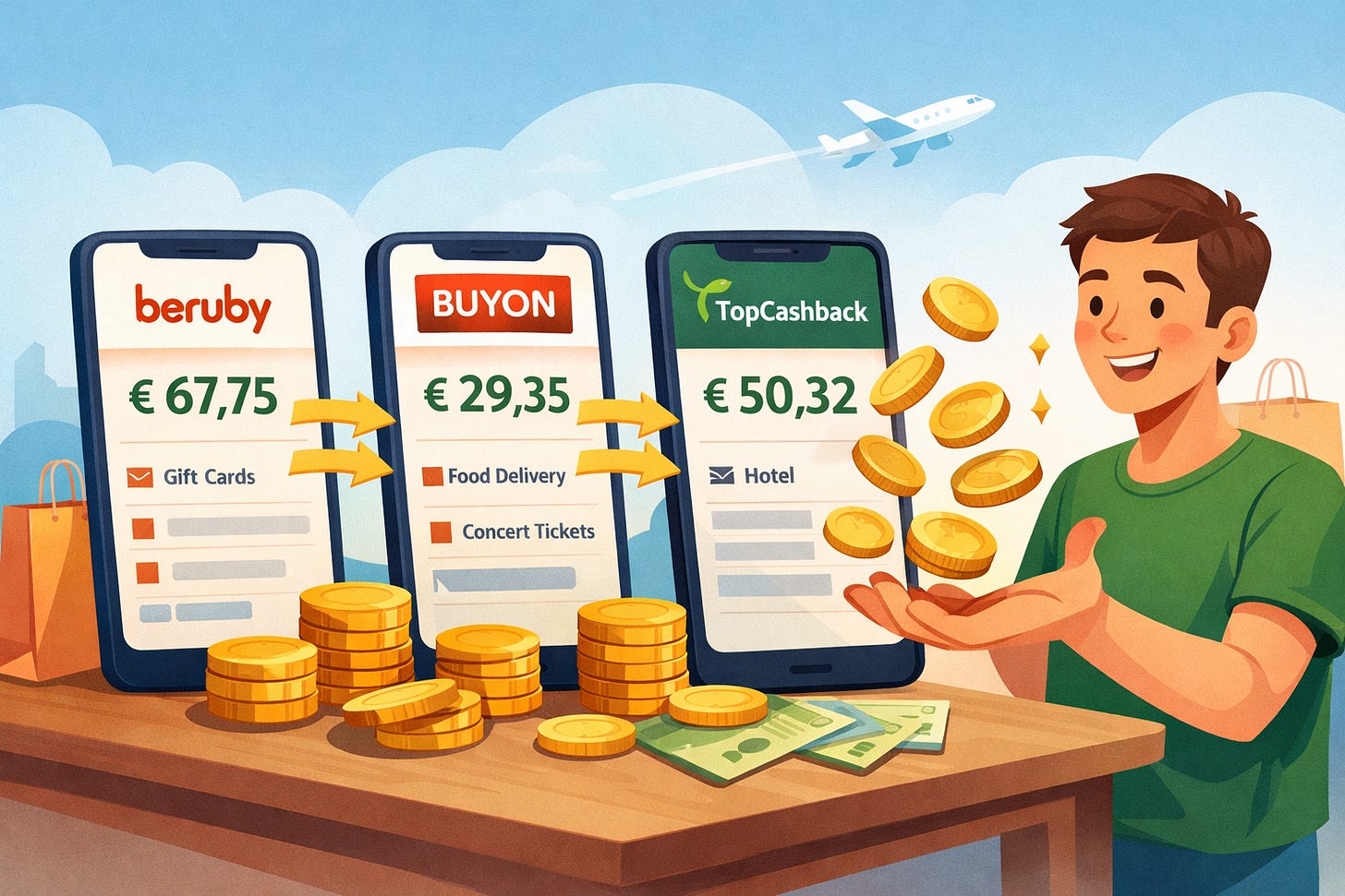 Illustrazione di piattaforme di cashback che restituiscono denaro sugli acquisti online. Illustrazione di piattaforme di cashback che restituiscono denaro sugli acquisti online.