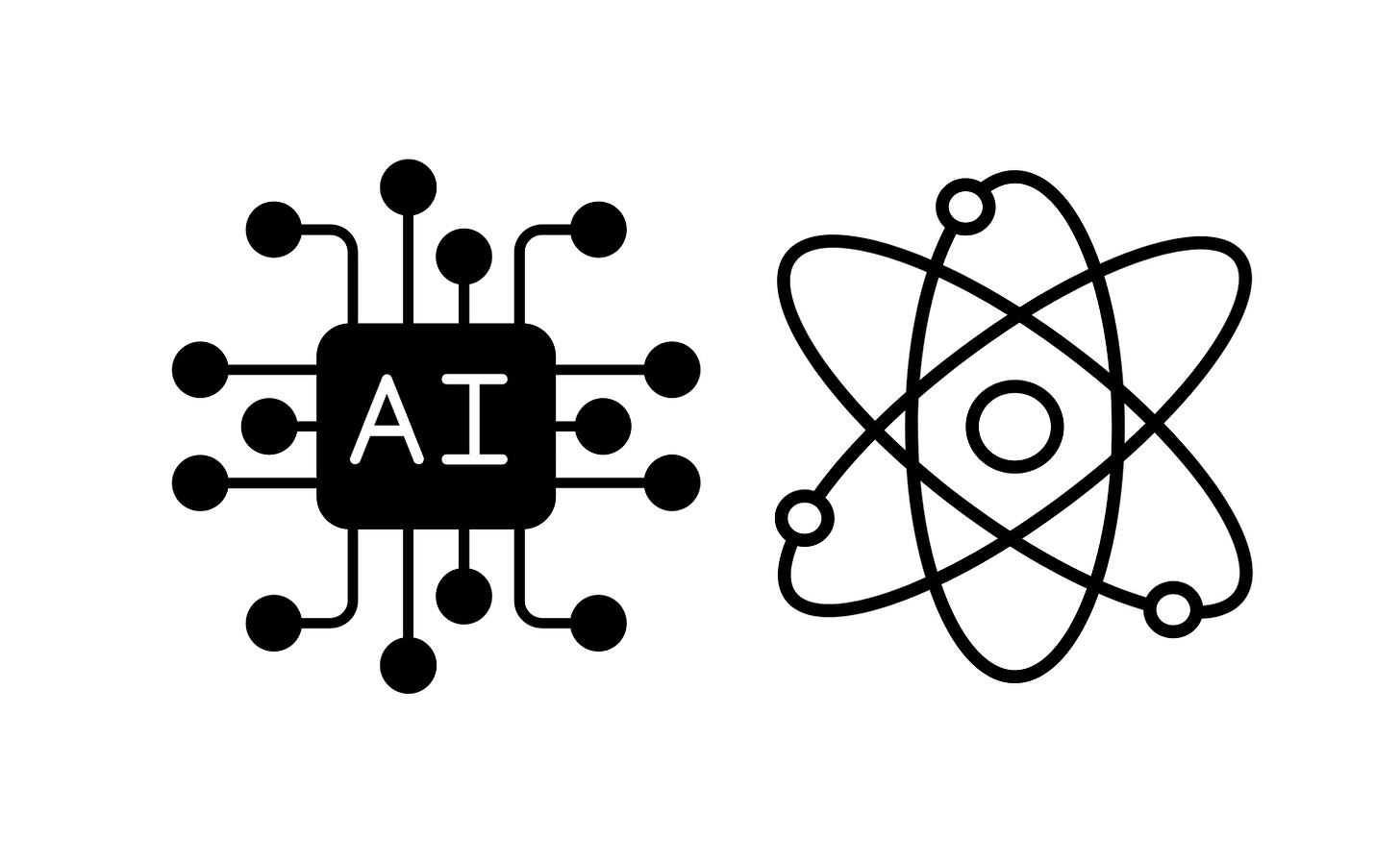 Artificial intelligence graphic alongside an atomic graphic. Artificial intelligence graphic alongside an atomic graphic.