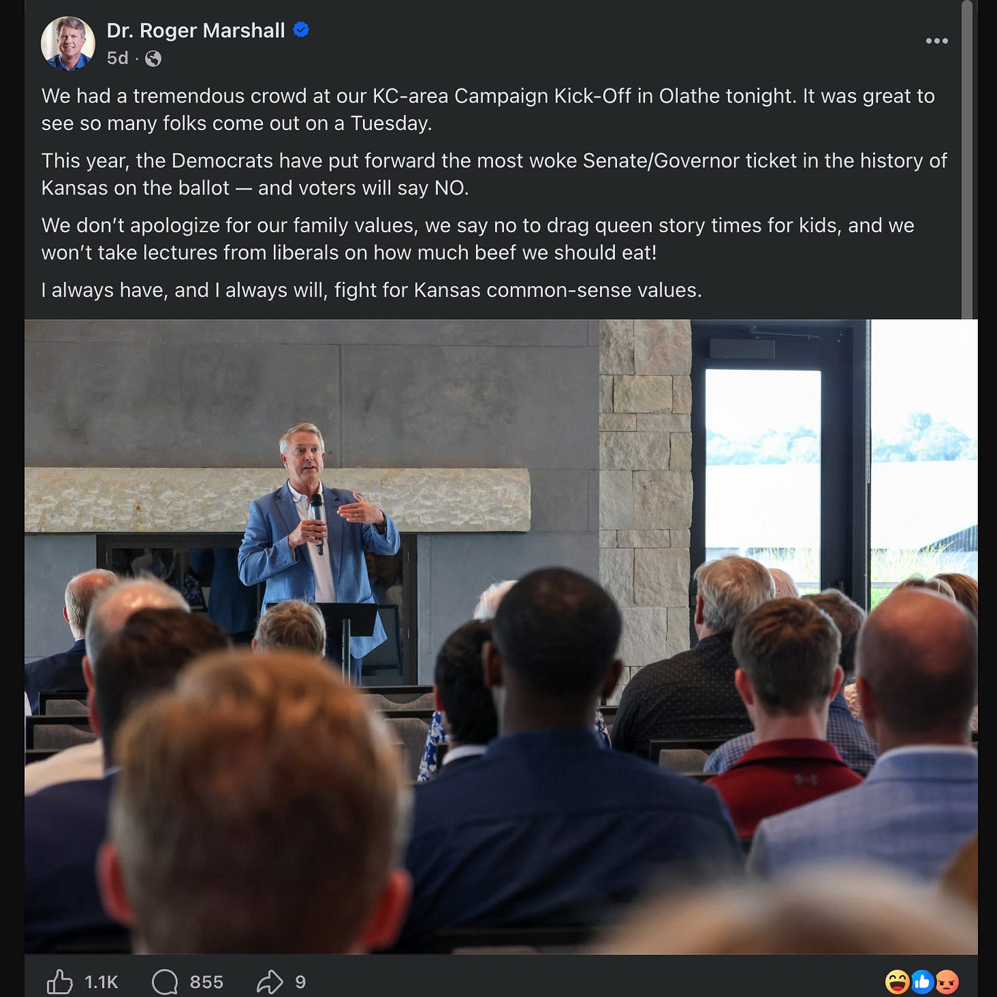 Marshall: We had a tremendous crowd at our KC-area Campaign Kick-Off in Olathe tonight. It was great to see so many folks come out on a Tuesday. This year, the Democrats have put forward the most woke Senate/Governor ticket in the history of Kansas on the ballot — and voters will say NO. We don’t apologize for our family values, we say no to drag queen story times for kids, and we won’t take lectures from liberals on how much beef we should eat! I always have, and I always will, fight for Kansas common-sense values.