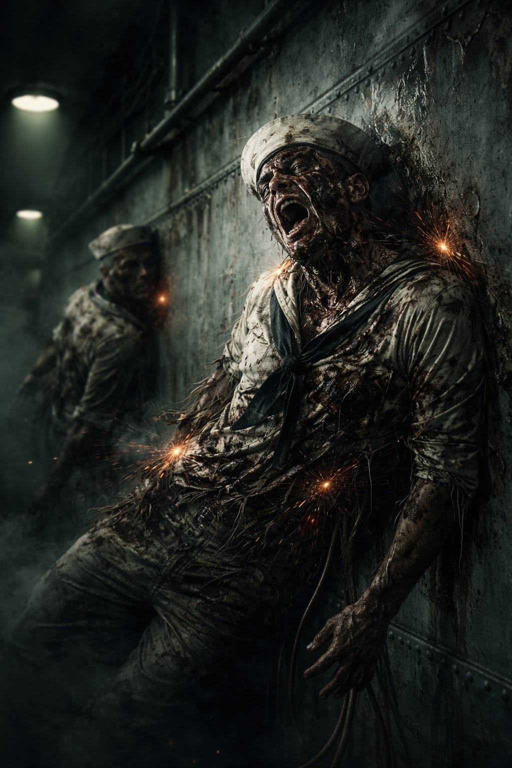 A WWII naval sailor in uniform appears partially fused into a steel bulkhead inside a dimly lit ship corridor, his body merging with the metal as sparks and industrial lighting illuminate the scene.