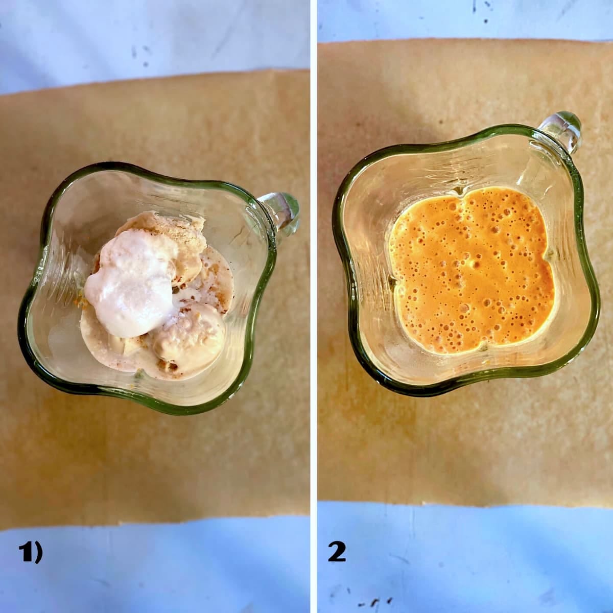 two photos before and after mixing of a pumpkin milkshake.