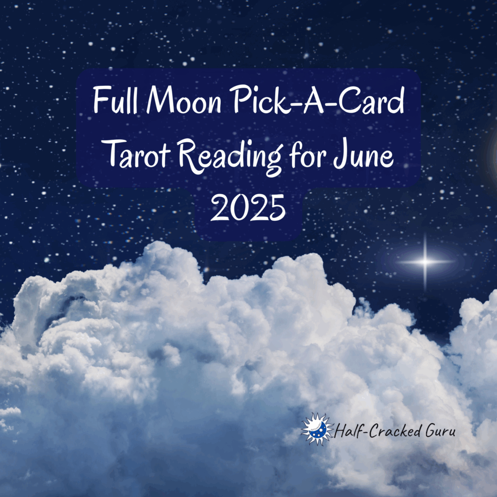 New Moon Pick-a-Card Tarot Reading for June 2025, Title on starry blue background with puffy clouds