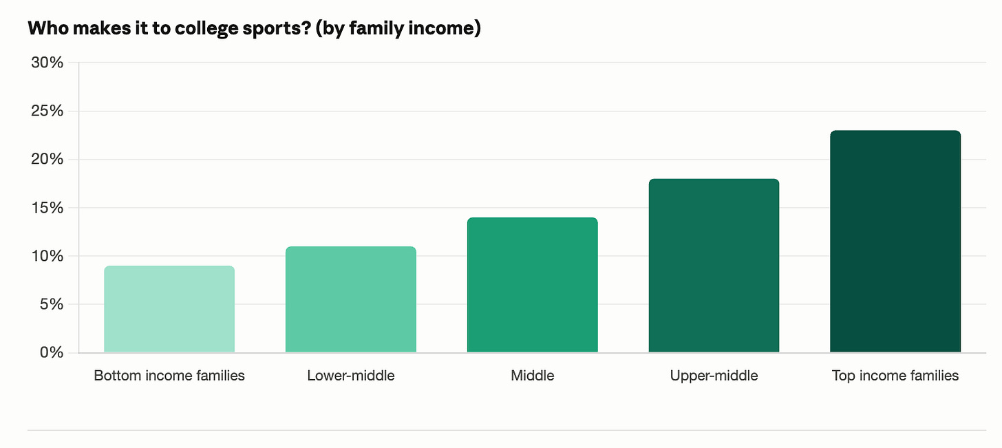 Chart illustrating how access to family wealth and parental time creates a performance pipeline in youth sports, with kids from wealthier, two-parent households generally having more opportunities and advantages than kids raised by a single parent with less wealth