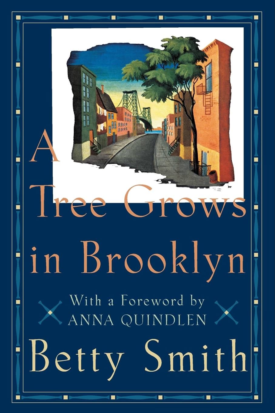 Cover of the book A Tree grows in Brooklyn with an image in the distance of the brooklyn bridge as seen down a city street lined with tenements, and onf the right side, a large tree shading a high balcony Cover of the book A Tree grows in Brooklyn with an image in the distance of the brooklyn bridge as seen down a city street lined with tenements, and onf the right side, a large tree shading a high balcony