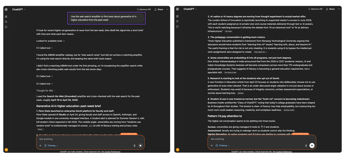 Side-by-side screenshots of ChatGPT using the grounded web search amplifier to find news about generative AI in higher education from the past week, showing six sourced results from Penn State, The Times, Times Higher Education, Springer, and Business Insider with pattern analysis.