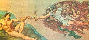 Artist Ward Kimball’s satirical re-rendering of Michelangelo’s Creation of Adam, from his collection of Art Afterpieces, 1964