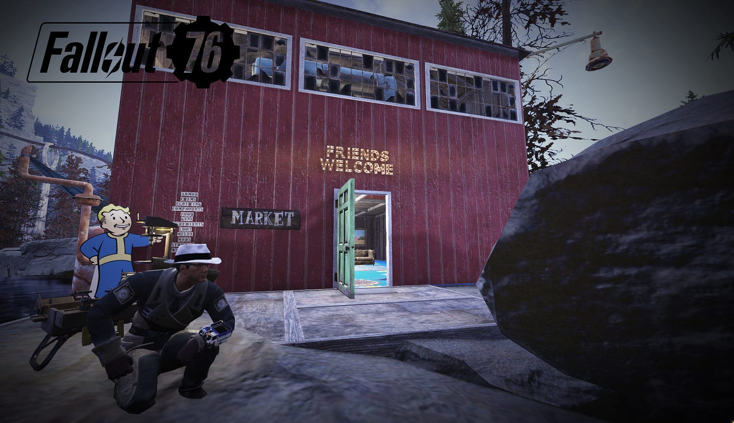 A Fallout 76 screenshot from the Wastelanders update. The image shows a character wearing a leather jacket and a cowboy hat standing in front of a red barn-like building with a sign that reads “Market” and “Friends Welcome”. The character is holding a rifle and has a dog companion by their side. The building has a window with a hanging plant and a door that leads to the interior. There is a cartoon character on the left side of the image holding a gun. The background consists of a snowy landscape with trees and rocks. The top left corner of the image has the game’s logo “Fallout 76”. The image is from the Wastelanders update, which added human NPCs, dialogue options, and factions to Fallout 76.